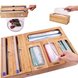 Ziplock Bag Storage Organizer and Plastic Wrap Dispenser with Cutter, New 2 in 1 Plastic Bag Organizer for Kitchen Drawer, Foil and Plastic Wrap Organ