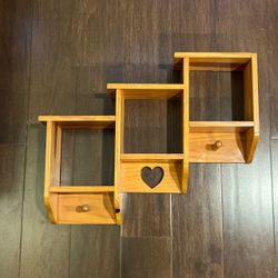 Wood Staggered Shadow Box Trinket Shelf Heart Cutout Tier Cubby Shabby Chic 20"