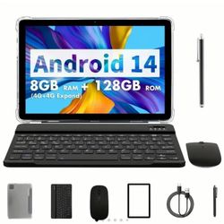 10.1 Inch Android Tablet, USB Charging Large Storage IPS Large Screen Entertainment Office Dual Channel Speaker with BT Keyboard & Mouse Set, Wireless