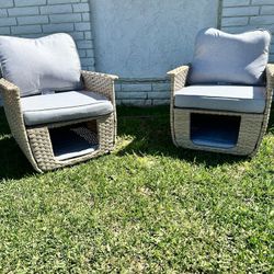 2 Piece Outdoor Patio Furniture, All Weather PE Rattan Wicker Conversation Set With Pet House, High Back Chairs Washable Cushions For Balcony, Porch, 