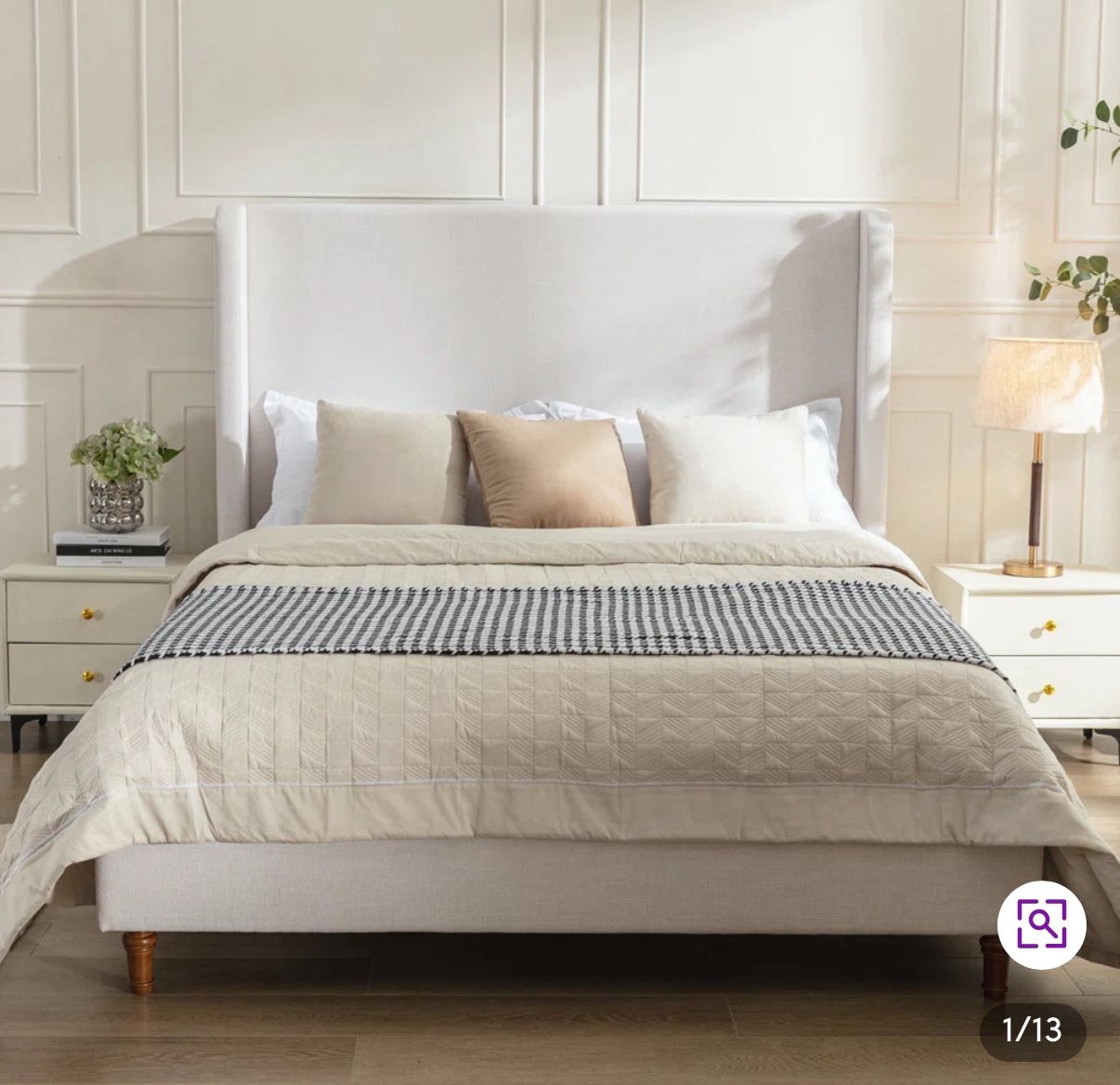DHP Eveline Queen Wingback Bed – Ivory Canvas, New in Box