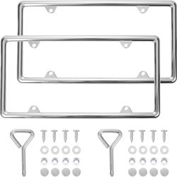 Hanwell Products 2 Chrome License Plate Frames Made Of Zinc Alloy Metal, Universal Car Accessories,2Pack Front & Rear License Plate Holders