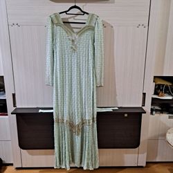 Mermaid Evening Dress ....light Pistachio.  With Silver Beaded