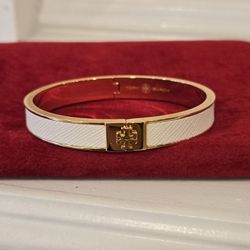 Brand New White Tory Burch Kira Enamel Hinged Bangle Bracelet with logo 18K-Gold-Plated