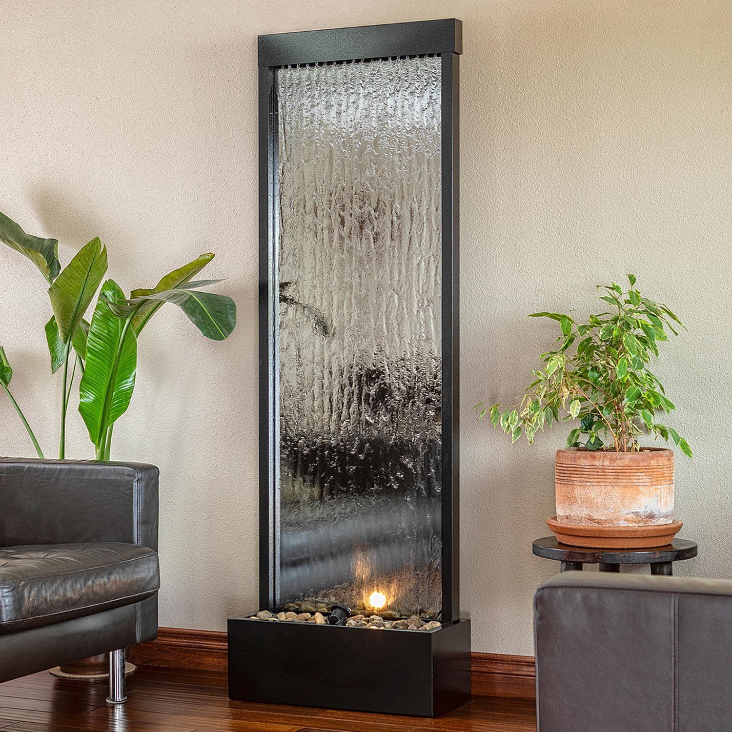 Alpine Corporation Mirror Waterfall Fountain with Stones and Lights - Zen Indoor/Outdoor Decor for Office, Living Room, Patio, Entryway - 72 Inches