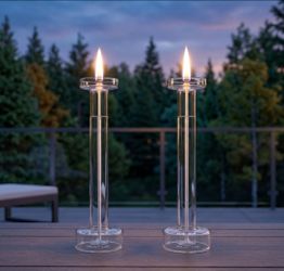 Set of 2 Firelight Glass 10" Pedestal Oil Candle Lamps, Vintage Ambient Lighting