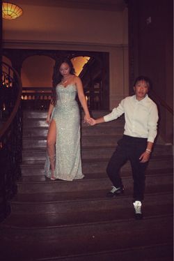 Silver Sequin Strapless Formal Gown with Slit