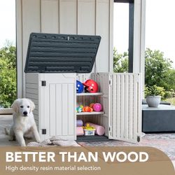 New Resin Outdoor Storage Shed 34 Cu Ft Horizontal Outdoor Storage Cabinet Waterproof Patio Tools Storage Box for Pool Toys, Sofa Cushion, Lawn Mower 
