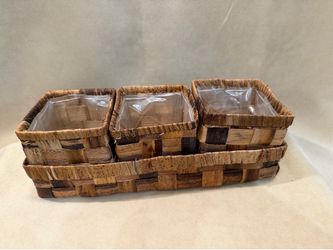 Natural Brown Woven Planter Set with Tray