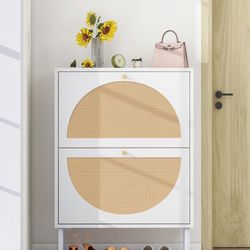 White Rattan Shoe Storage Cabinet for Entryway