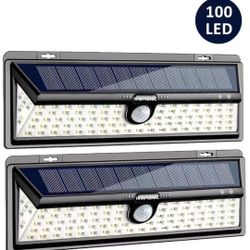 Solar Lights Outdoor, 100 LED Motion Sensor Light with 270° Wide Angle, 3 Optional Modes IP65 Waterproof Solar Security Wall Lights for Garden, Front