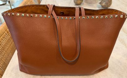 Valentino Garavani Rockstud Tote Bag Large Selleria Brown Pebbled Leather Travel Carryall