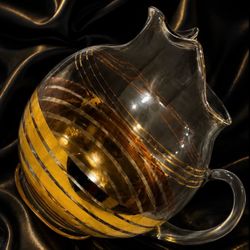 Antique Fine Art Clear Glass REAL 22k GOLD Original Vintage PITCHER Striped Deco Artist Artisan Decorator Decorating Accents Macbeth-Evans HILLCREST