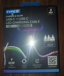 Type S Charge & Glow LED Charging Cable, USB-C to USB-C with Lightning Adapter