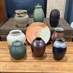 Handmade Studio Pottery Collection • Set of 9 Pieces (Vases, Lidded Jars, Plate)