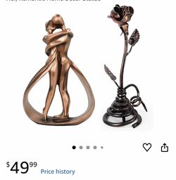 DreamsEden 7th Anniversary Set for Wife, Resin Couple Sculpture & Iron Rose with Stand, Copper Wedding Gift for Her, Romantic Home Decor Statue