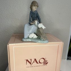 Pretty Pickings Lladro 05222 Elegant porcelain figurine of a girl in a blue dress holding a basket. Delicate porcelain with detailed floral basket. Mi