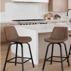 Set of 2 Swivel Bar Stools, 26 Inch Counter Height Bar Stools, Faux Leather, Vintage Brown