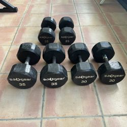 Three Sets of dumbells. 25lbs, 30lbs and 35lbs. 