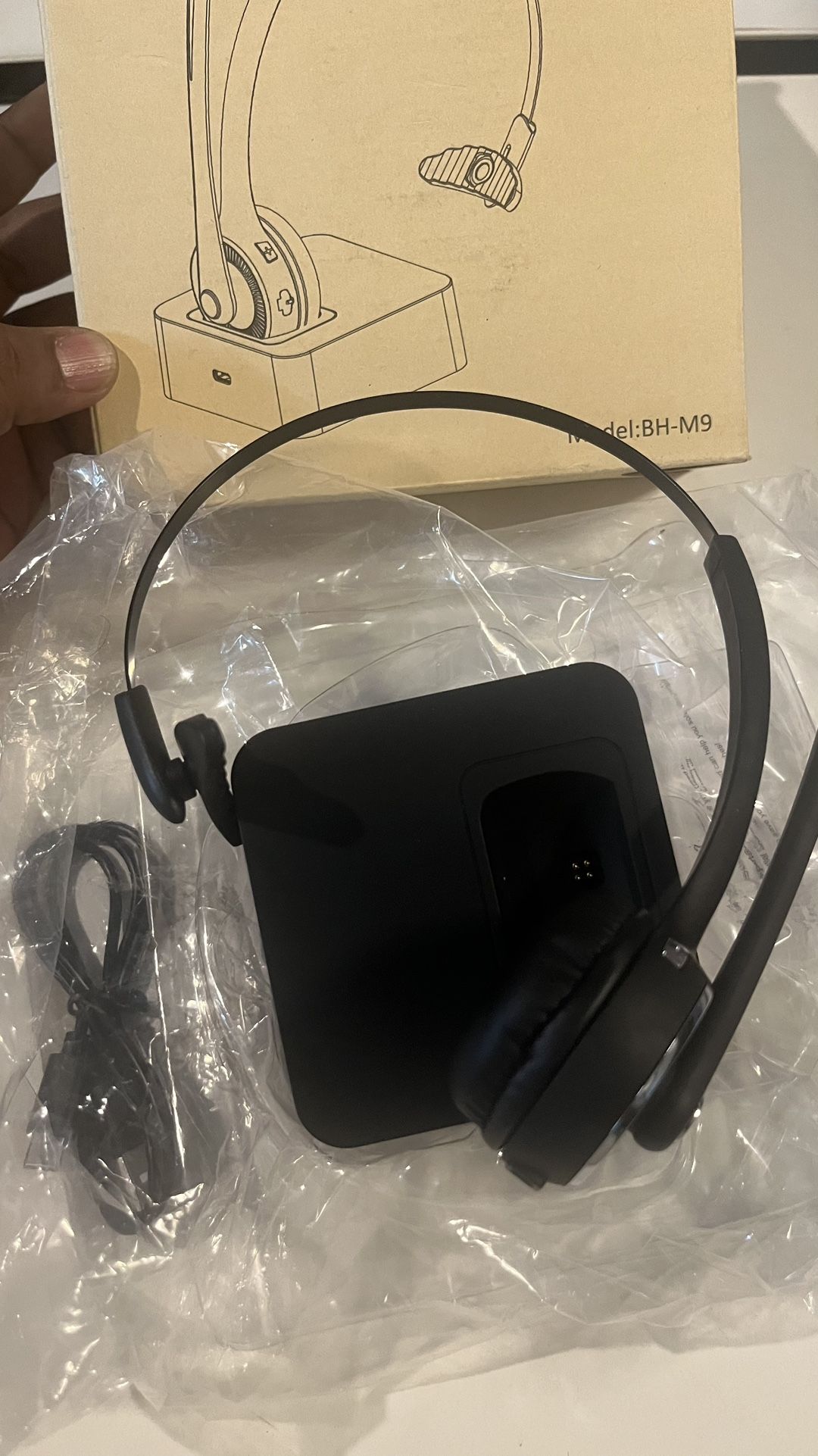 Trucker Bluetooth Angteela Headset With Microphone, Wireless Cell Phone Headset With Noise Canceling Mic Charging Base Mute Function For Home Office C