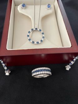 Diamond and Blue Sapphire Ring Pendant And Earrings