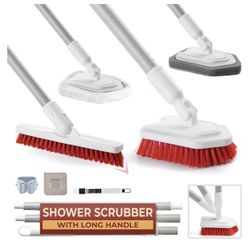Shower Scrubber with Long Handle, Stiff Bristles Grout-Brush, Tub Scrub-Brush with Long-Handle, Shower-Cleaner Brush, Grout Cleaning Brush for Tile fl