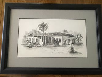 Natascha Borducchi Limited Edition Signed Framed Ink Drawing Tropical House Landscape Art