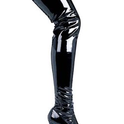 THRILL, 5" CHUNKY HEEL THIGH HIGH STRETCH BOOTS IN BLACK PATENT