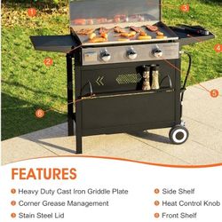 Flat Gas Grill with Lid, 3-Burner Propane BBQ Grill for Outdoor