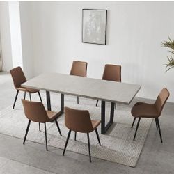 Modern Mid-Century Dining Table Set for 6-8 People Kitchen Dining Room Table Set Extendable Solid Wood Dining Table and 6 Upholstered Chairs