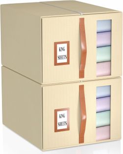 2 Pack Bed Sheet Organizer and Storage, 2 IN 1 Large Storage Bins for Linen Closet (Queen or King Size) - Sheetcube Foldable Storage Containers- Beige