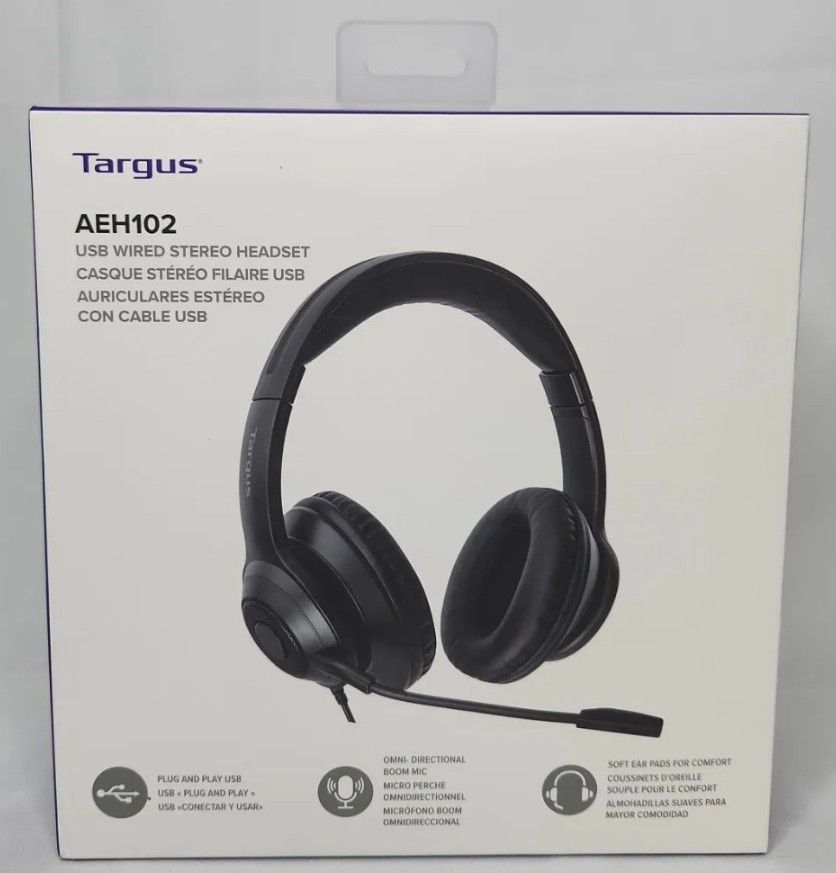 Targus AEH102 USB Wired Stereo Headset Plug & Play, Soft Ear Cups, Boom Mic NEW