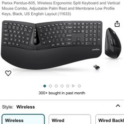 Perixx Periduo-605, Wireless Ergonomic Split Keyboard And Vertical Mouse Combo, Adjustable Palm Rest And Membrane Low Profile Keys, Black, US English 