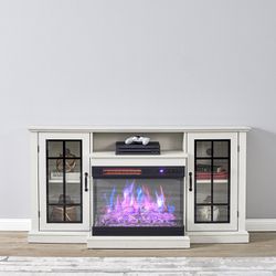 Fireplace TV Stand for TVs up to 65'', 3-Sided Glass Media Entertainment Center Console Table with Door Closed Storage