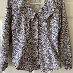 Long Sleeve Denim Print Blouse Top, Size M