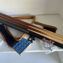 Four Pool Cues (3 Are 4’) Triangle Brushes, Chalk Tips Etc 