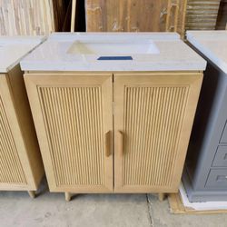 30” Brand New Bathroom Vanity in Walnut color, Soft Close Solid Wood with Marble Top in White  $549 