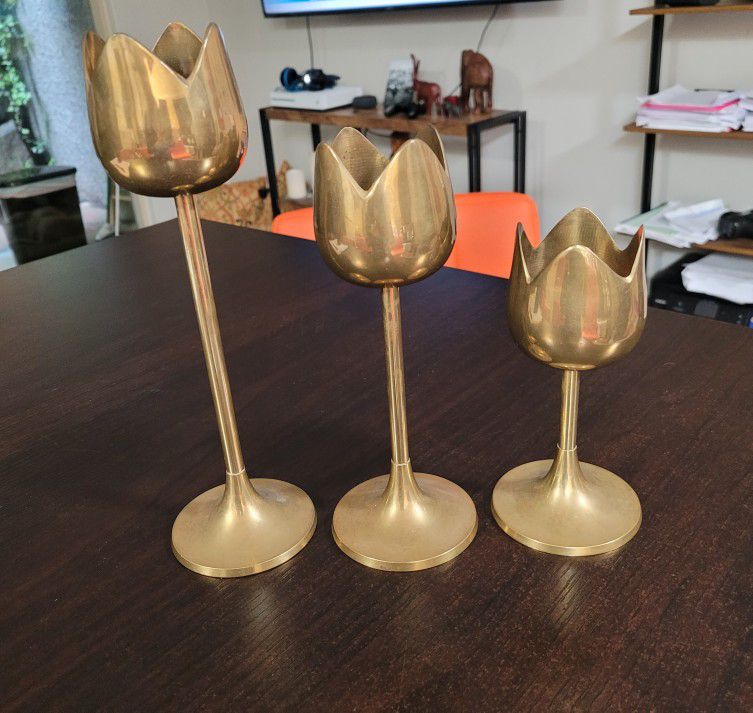 Set Of 3 Solid Brass Candle Holders