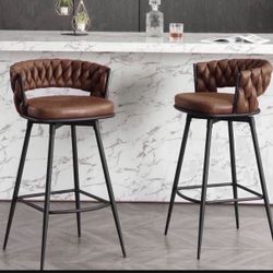 Modern Bar Stools Set of 2, 30" Bar Height Barstools, 180° Swivel Suede Fabric Stool Chairs with Woven Back and Footrest for Kitchen Island, Cafe, Pub