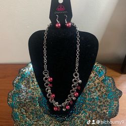 Red Beaded Silver Necklace 