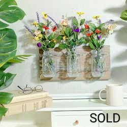 Artificial Plants In Mason Jars on Wood Wall Plaque, 16"x14" , CASH ONLY, PICKUP ONLY - home decor Modern Fake Plants Faux Plants Flowers 