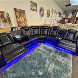 Black Leather Sofa Sectional Power Recliners & Wireless Charger
