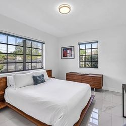 Queen bed - acacia wood platform and dresser