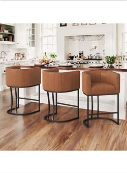 New 26 in.Modern Brown Faux Leather Upholstered Counter Stool with Black Metal Frame Barrel Bar Stool Set of 3