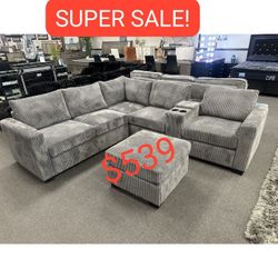 Corduroy Sectional Couch With Ottoman And Console 