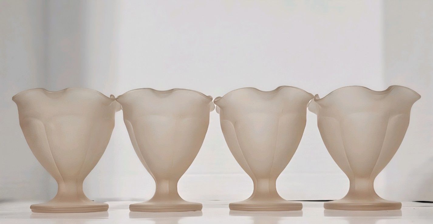 4 Vintage Indiana Glass Frosted Pink Satin Pedestal Ice Cream Sundae Cup Bowl