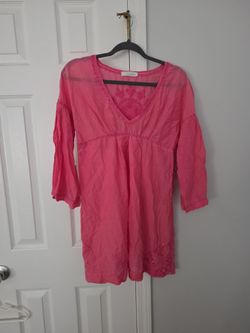 LALTRAMODA Pink Embroidered Beaded Floral Tunic Dress V-Neck 3/4 Sleeve Regular