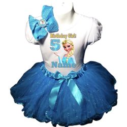 Elsa frozen 5th birthday tutu dress 3 pieces personalized blouse with number and name and frozen headband