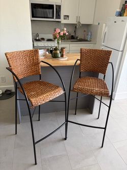 Wicker and Iron Bar Stools Set of 2