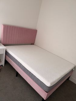 Pink Velvet Full Size Bed Frame + Novilla Mattress & Protector Set